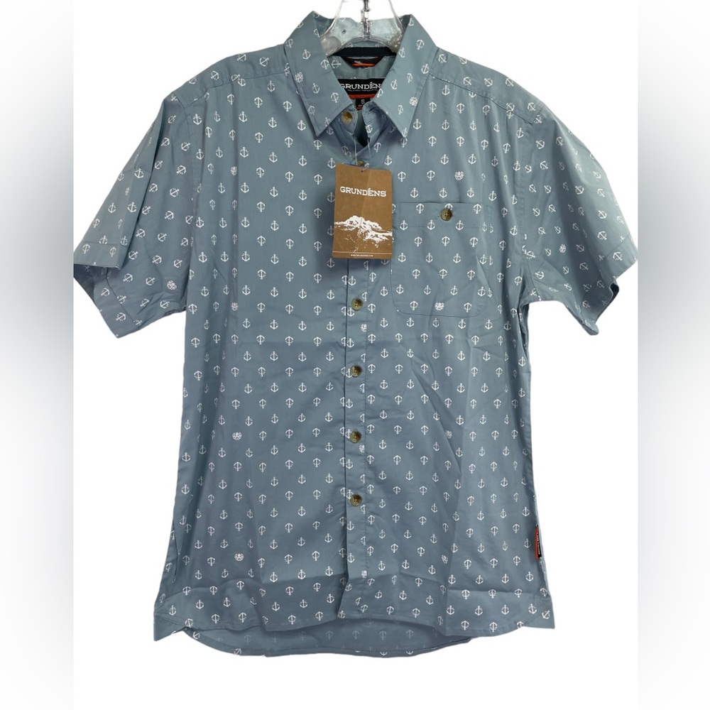Grunden Mens Sz Small Blue Anchor Pattern‎ UPF+50 Button Up Shirt (F24) NWTs